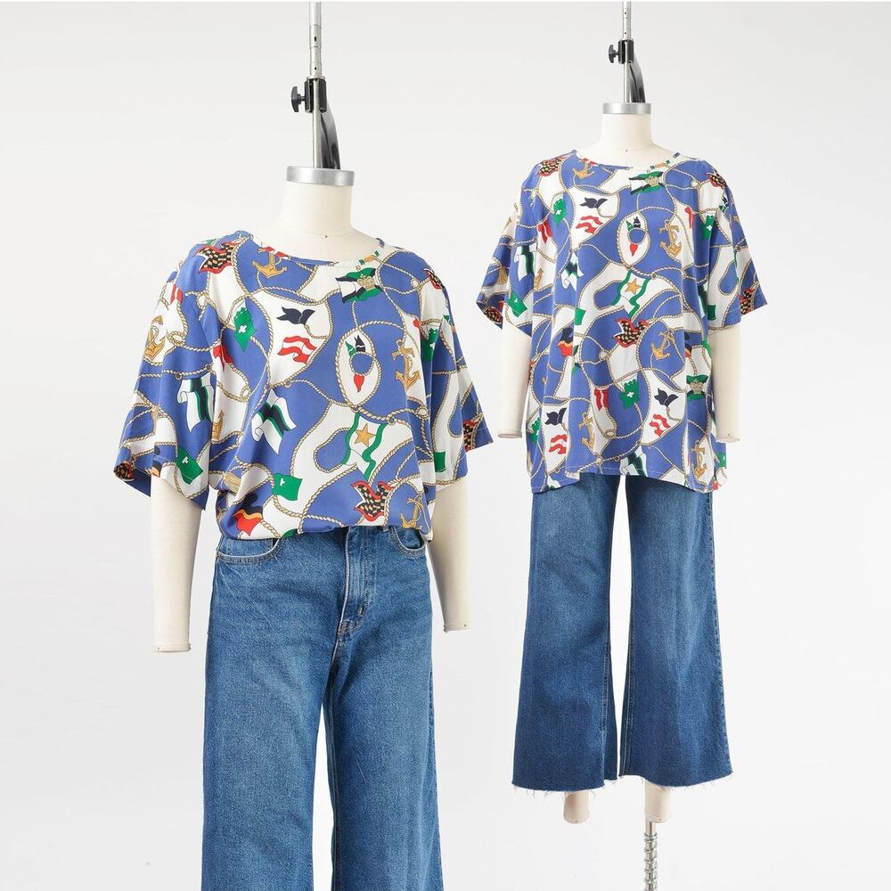 Vintage 90s Nautical Blouse Anchor Sailboat Coastal Print Plus Size Top XL 1X